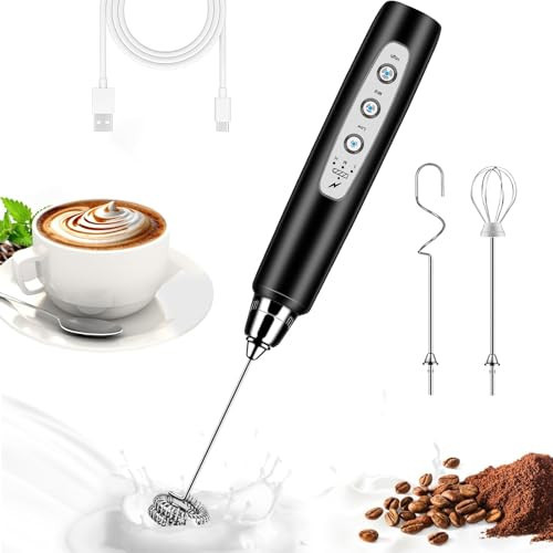 BSRGMS Milk Frother Handheld for Coffee, Electric Whisk 3 Speed Adjustable, Drink Mixer with Stainless 3 Whisks, Rechargeable Hand Frother Wand, Foam Maker for Latte Cappuccino Hot Chocolate Egg Black | Amazon (US)