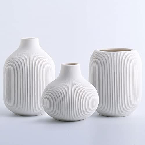White Ceramic Vase Set of 3,Small Ribbed Vases for Rustic Home Decor,Modern Minimalist Decor,Shel... | Amazon (US)
