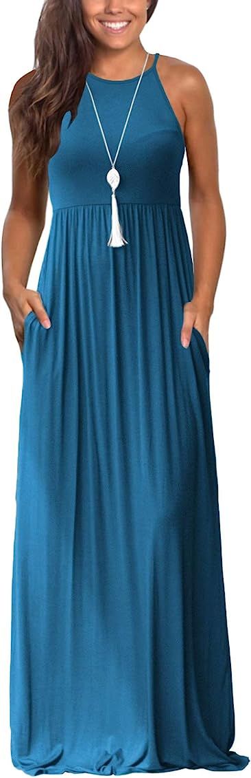 Lamilus Maxi Dresses for Women Summer Sleeveless Loose Plain Casual Long Dress with Pockets | Amazon (US)