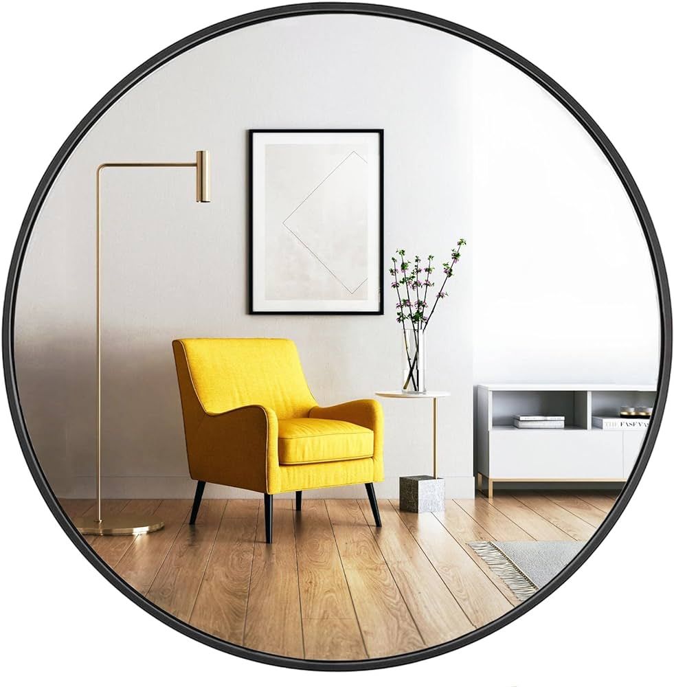 oruii Round Mirror, Black Round Mirror 24 inch, Round Wall Mirror Metal Frame, Round Bathroom Mir... | Amazon (US)