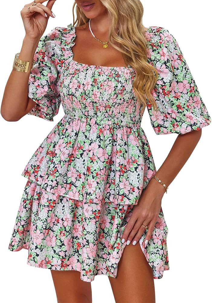 Fisoew Womens Summer Puff Sleeve Chiffon Dress Casual Floral Square Neck Smocked Beach Tiered Min... | Amazon (US)