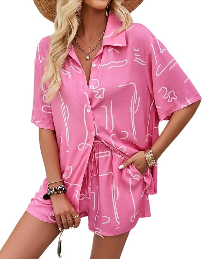 Sulozom Women's 2 Piece Beach Outfits Button Down Short Sleeve Shirts and High Waist Shorts Loung... | Amazon (US)