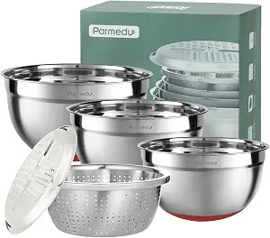Parmedu 5-in-1 Multifunction Large 304 Stainless Steel Mixing Bowl Set, 3 Deep Nesting Salad Bowl... | Amazon (US)