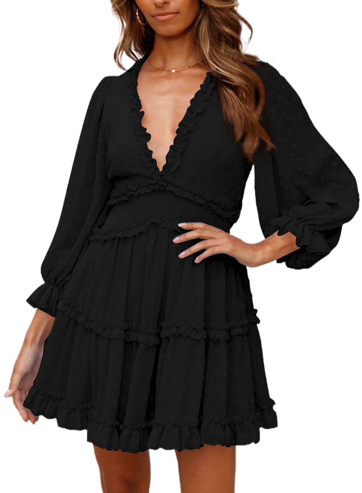 Women Long Sleeve Ruffle Layer Backless Swing Mini Dresses | Amazon (US)