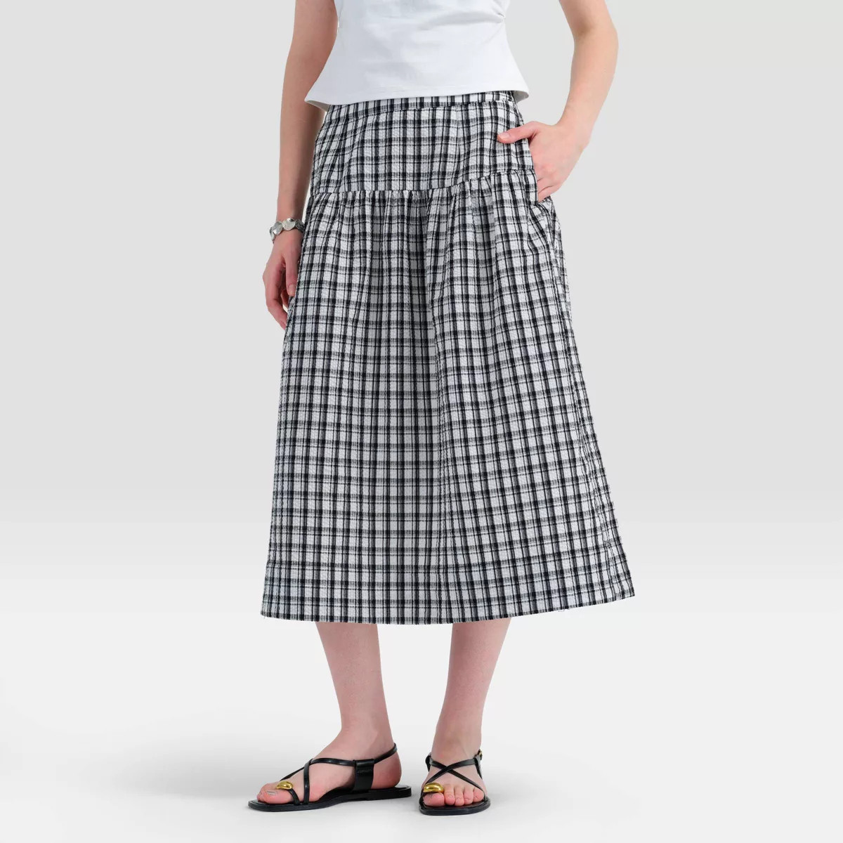 Women's Tiered Midi Skirt - Universal Thread\u2122 Black/White Plaid XS | Target