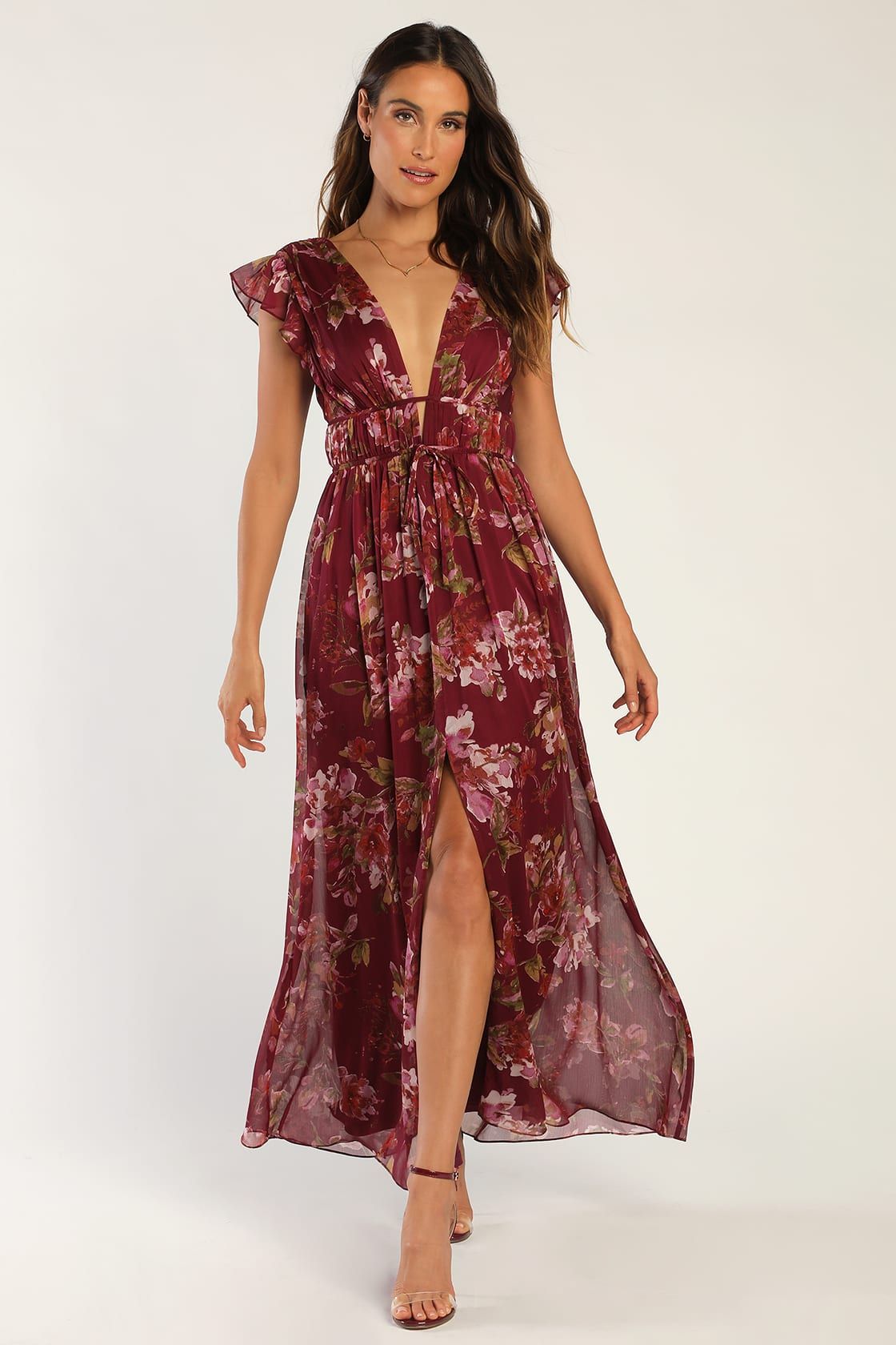 I'm All Yours Burgundy Floral Print Ruffled Maxi Dress | Lulus