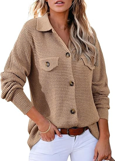 Astylish Women 2024 Waffle Knit Shacket Jacket Casual Long Sleeve Sweater Button Down Shirts Dres... | Amazon (US)