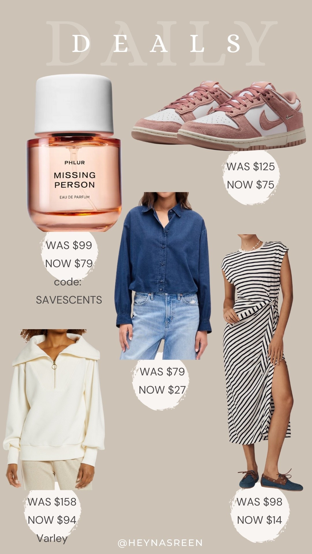 Daily deals on PHLUR perfume, Nike sneakers, Gap top, Anthropologie dress, Varley half zip 