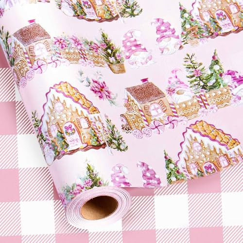 Homeral Pink Christmas Reversible Wrapping Paper Roll - Gingerbread House, Gnome, Trees & Checkered Gift Warp for Christmas, New Year Celebration, Holiday, Party - Mini Roll - 17 Inch x 33 Feet | Amazon (US)
