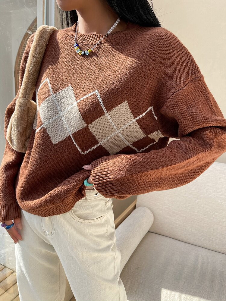 Colorblock Argyle Pattern Drop Shoulder Sweater | SHEIN
