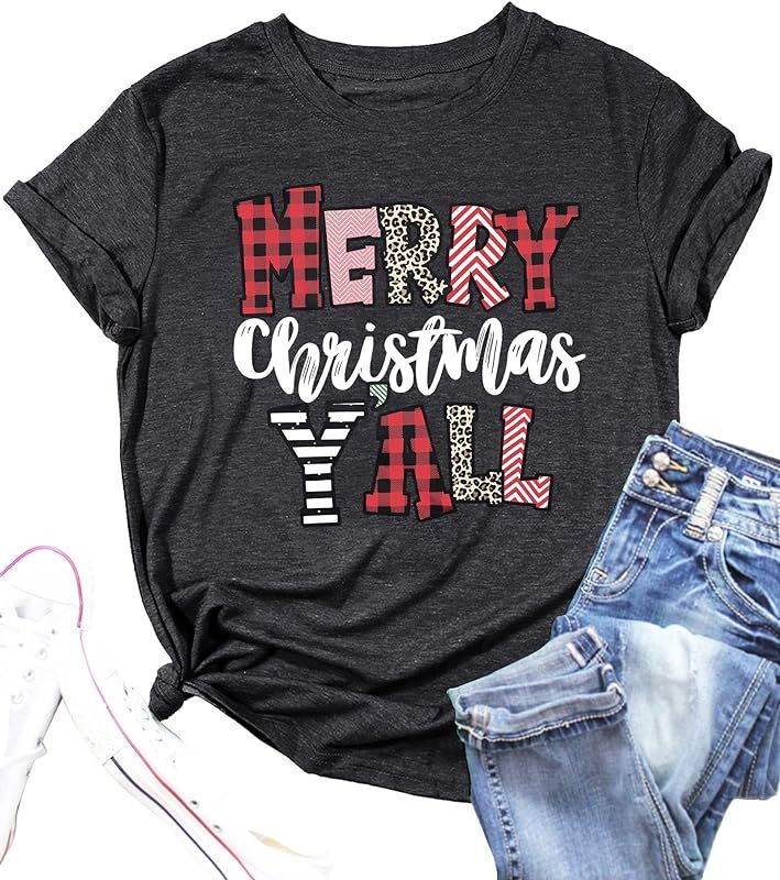 Christmas Shirts for Women Merry Christmas Y'all Tshirt Buffalo Plaid Graphic Tee Leopard Xmas Gift  | Amazon (US)