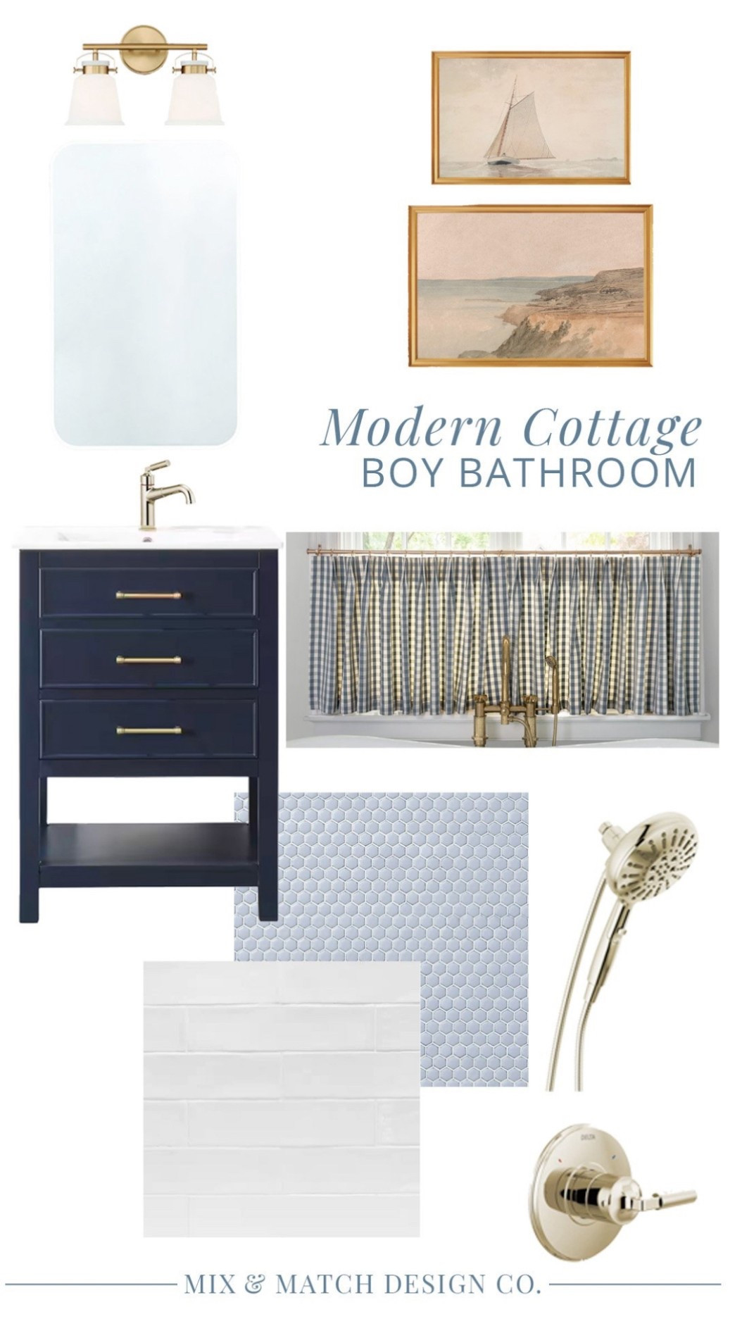 Here’s the plan for our son’s bathroom renovation! It’s a classic navy and white combo with modern cottage flair. We’re using brass and polished nickel for metals (my fave combo!). I can’t wait to see this come to life!

#LTKHome