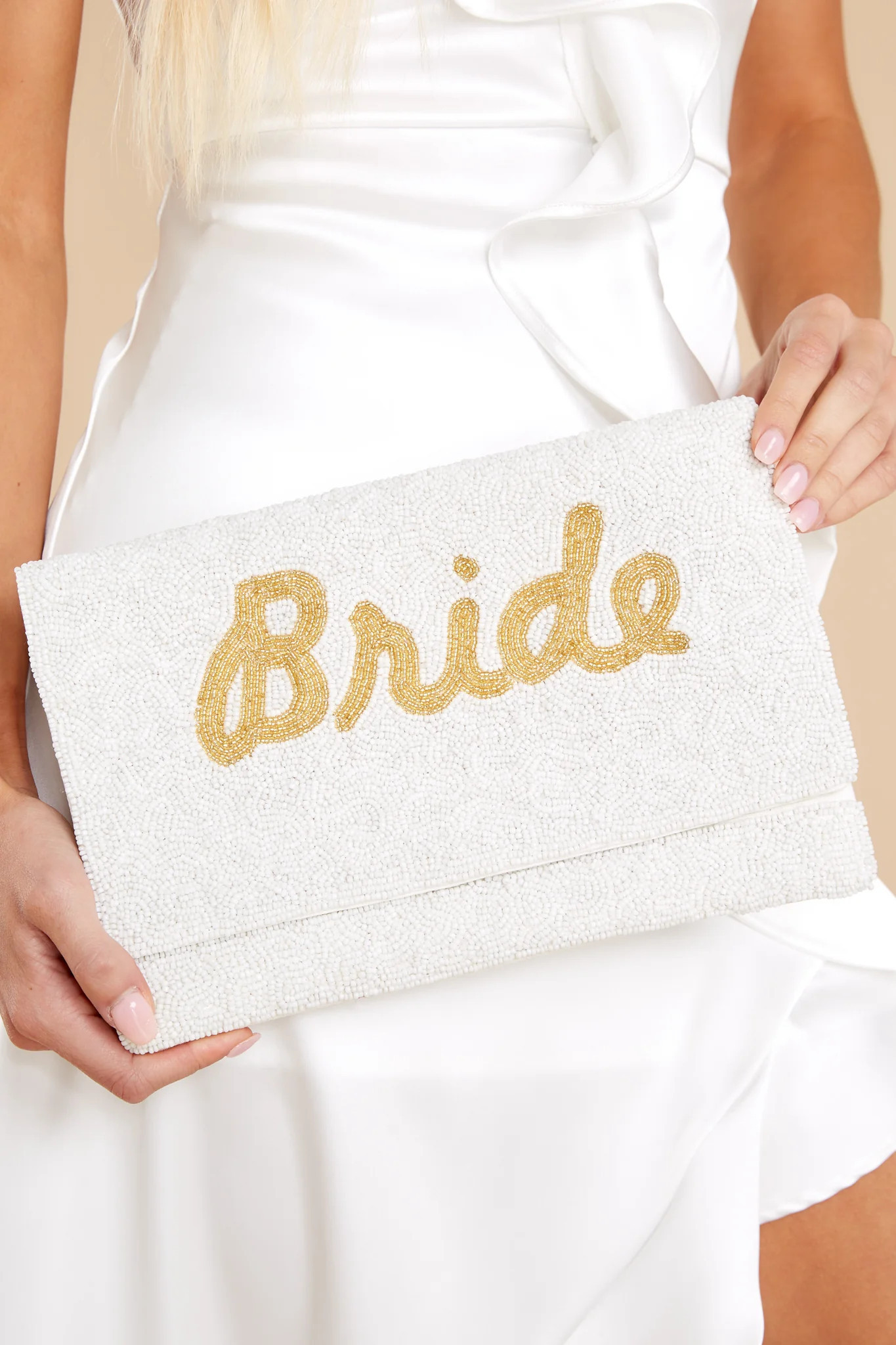 Can't Wait Anymore White And Gold Beaded Clutch | Red Dress 