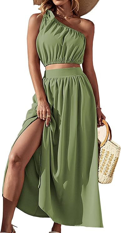 Amazon.com: AOVDE Women's Two Piece Outfits Summer Dresses Tie One Shoulder Tube Tops Elastic Wai... | Amazon (US)