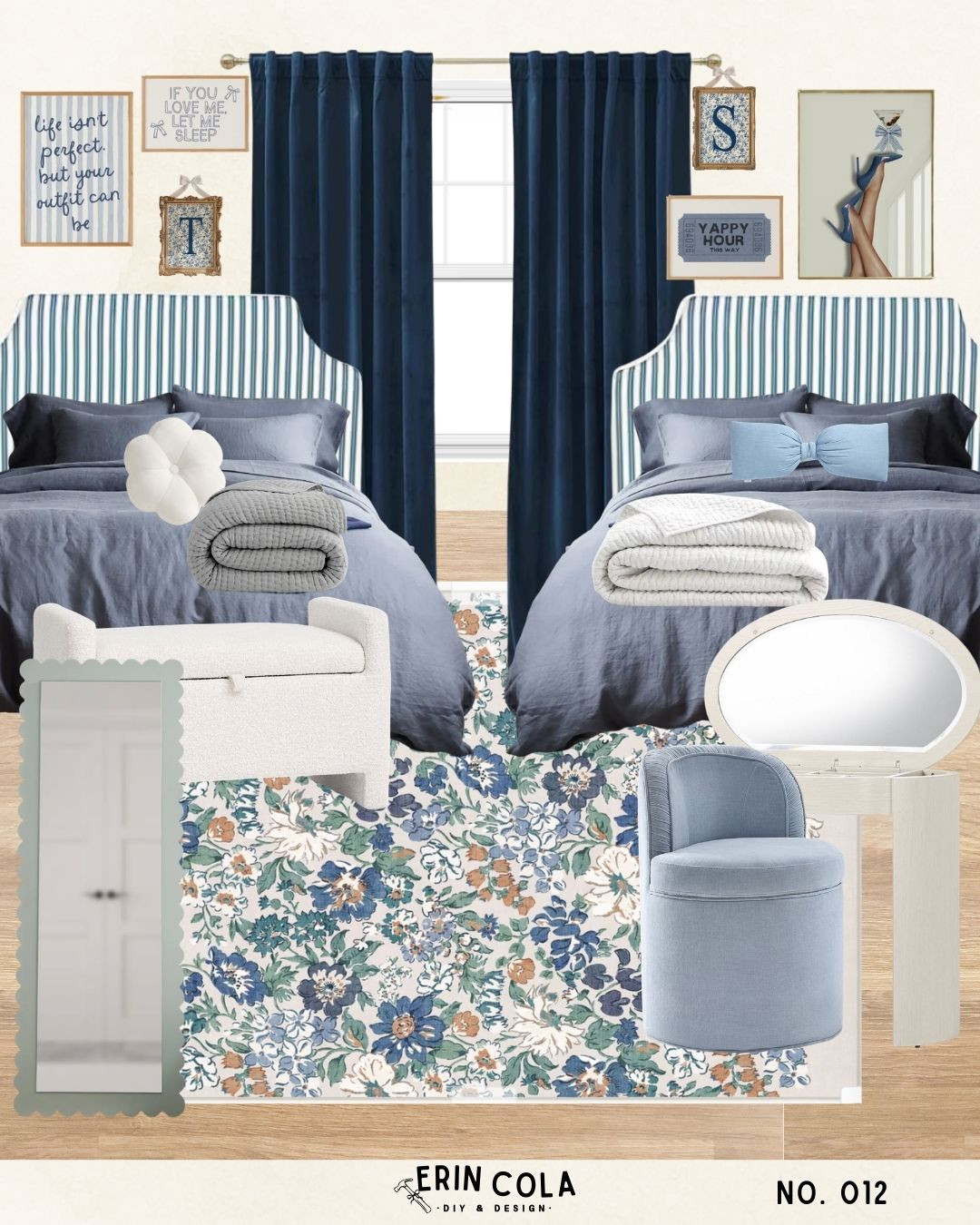 Create a cool blue preppy dorm room with this cozy college aesthetic. This dorm mood board mixes striped headboards, navy velvet curtains, soft blue bedding, and floral accents for a classic yet modern look. The layered textures, neutral furniture, and feminine details make this the perfect college dorm room or small apartment bedroom inspiration. If you love blue aesthetic rooms, preppy dorm decor, and cozy cool-toned spaces, this design is an easy way to recreate a designer look in a dorm.
Perfect for anyone searching for blue dorm room ideas, preppy dorm decor, or chic college bedroom inspiration. 

 #LTKU #LTKHome