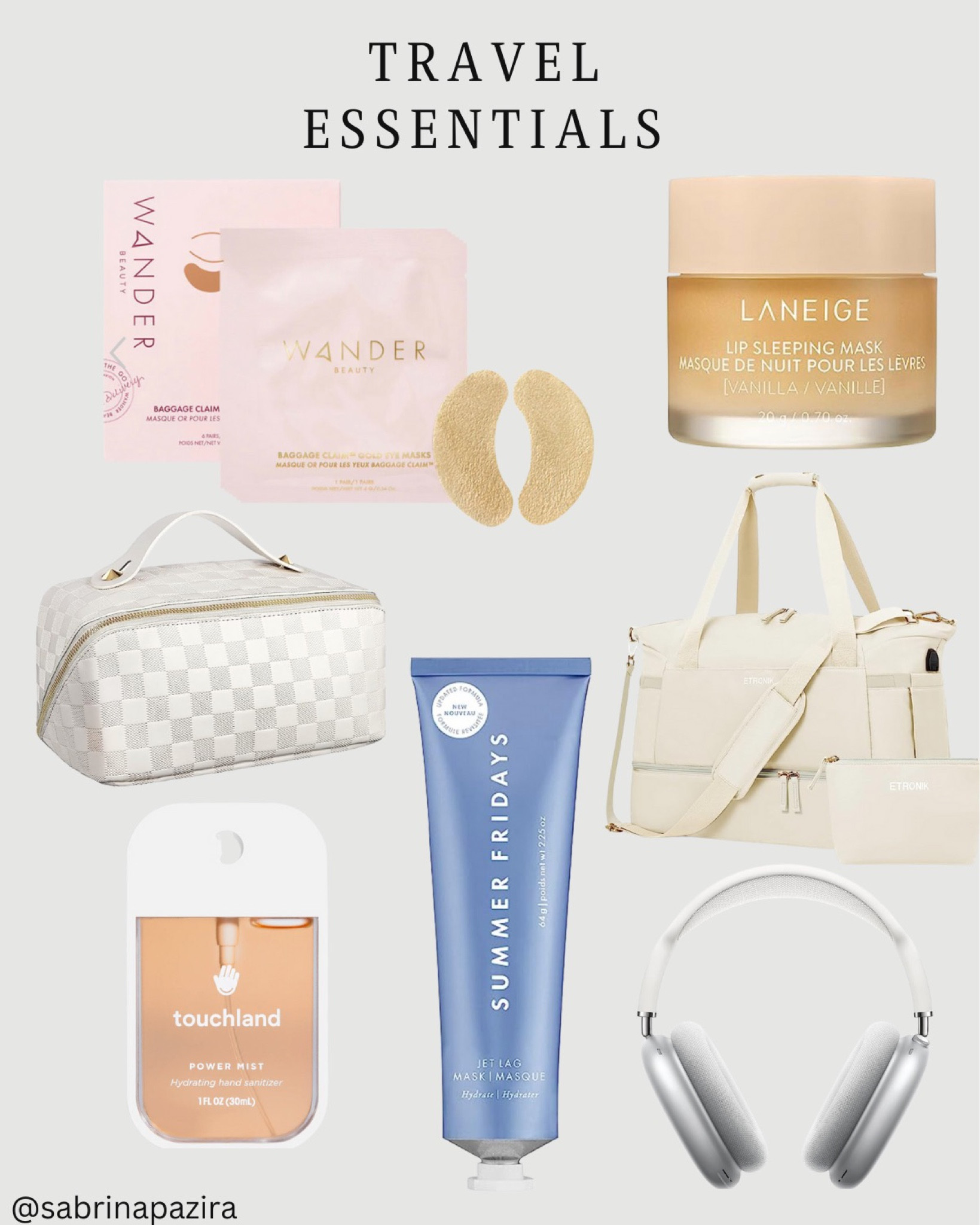 Travel essentials, on the plane, tulum, tropical, vacation, beach, summer Fridays, laneige, eye masks, touch land, duffel bag, makeup bag, headphones 

#LTKtravel #LTKSeasonal #LTKunder100