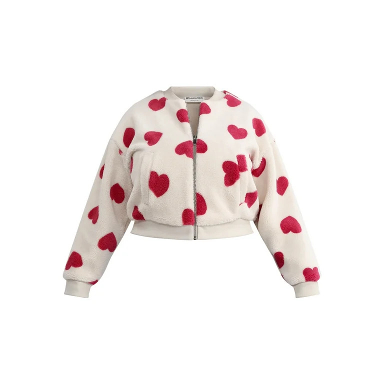 No Boundaries Himalayan Heart Print Plush Bomber Jacket, Heavyweight, Women's Plus | Walmart (US)