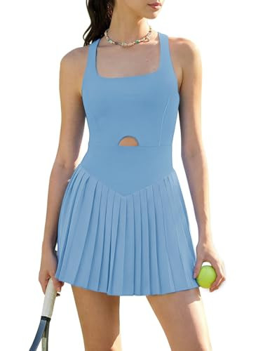 Sexyasasii Womens Athletic Dress Square Neck Sleeveless Pleated Workout Exercise Sports Golf Dresses with Pockets Light Blue | Amazon (US)