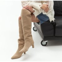 Beige Knee High Boots With Low Heel, Women Over The Suede Pointy Toe, Custom Leather For Women, Fall | Etsy (US)