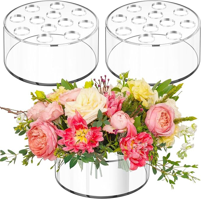 3-Pack 5.5 Inch Clear Round Acrylic Flower Vases with 12 Holes, Scratch-Resistant & Leak-Proof ... | Amazon (US)