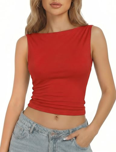 AURUZA Women's Boat Neck Double Lined Tank Tops Crop High Neck Sleeveless Tank Casual Slim Fit Cr... | Amazon (US)