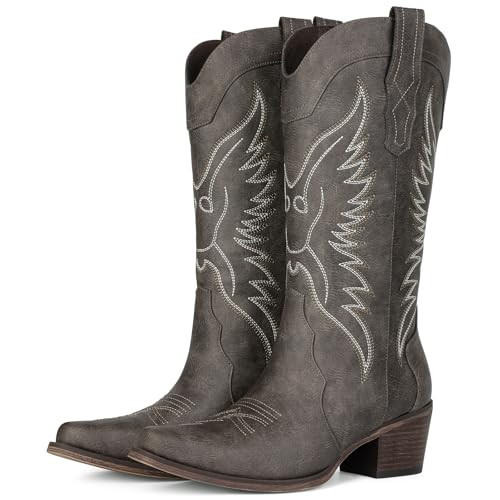 Pasuot Western Cowboy Boots for Women - Taupe Cowgirl Boots with Pointed Toe, Mid Calf Chunky Heel Snip Toe Boot with Classic Retro Embroidery, Country Style for Ladies Rodeo Concert US 9.5 | Amazon (US)