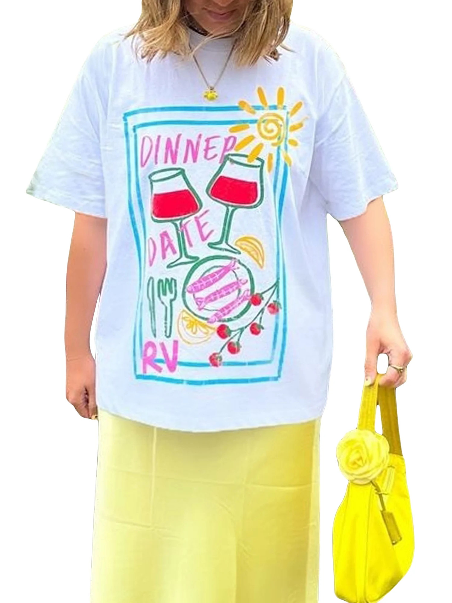 Rdhnmea Women Y2k Oversized Graphic T-Shirts Fruit /Drink/Wine Glasses Print Crew Neck Summer Cas... | Walmart (US)