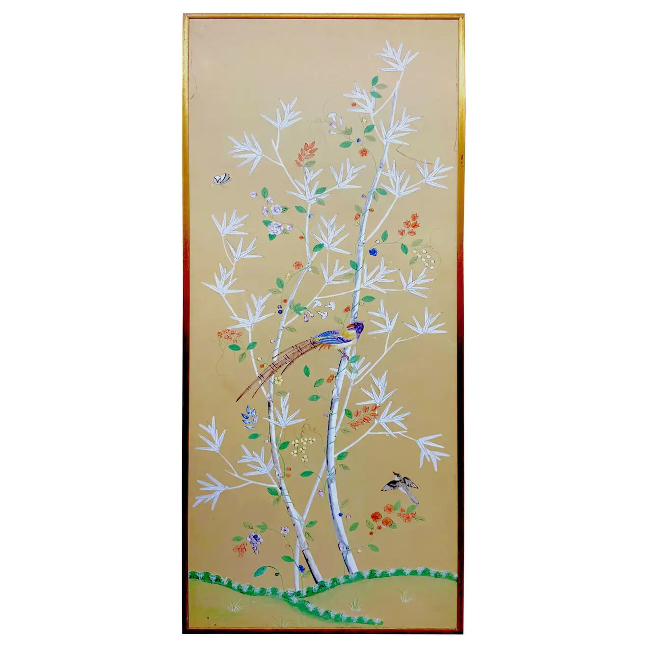 Gracie Handpainted Silk Chinoiserie Panel with Goldleaf Frame '1 of 2' For Sale at 1stDibs | 1stDibs