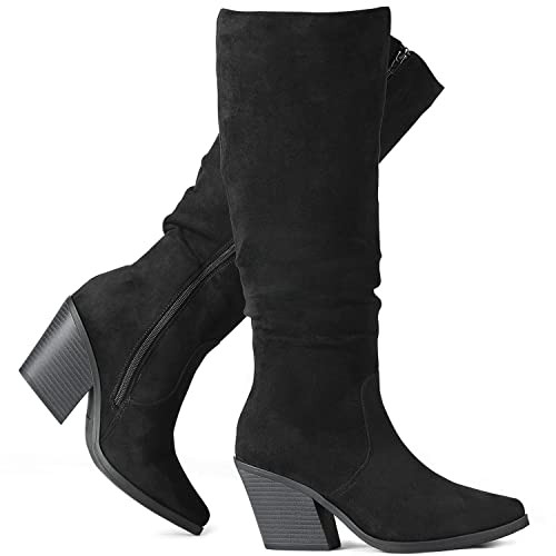 Putu Women's Pointed Toe Knee High Boots Faux Suede Stacked Chunky Heel Boots Side Zipper Slouchy High Boots Black size 8.5 | Amazon (US)