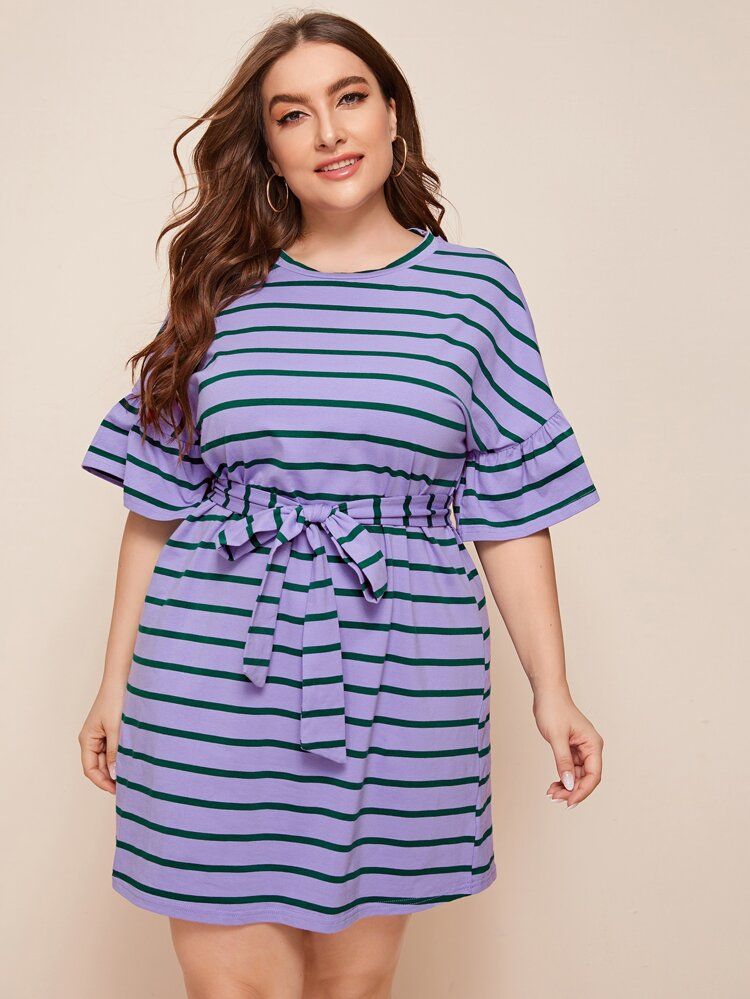 Plus Flounce Sleeve Belted Striped Dress | SHEIN