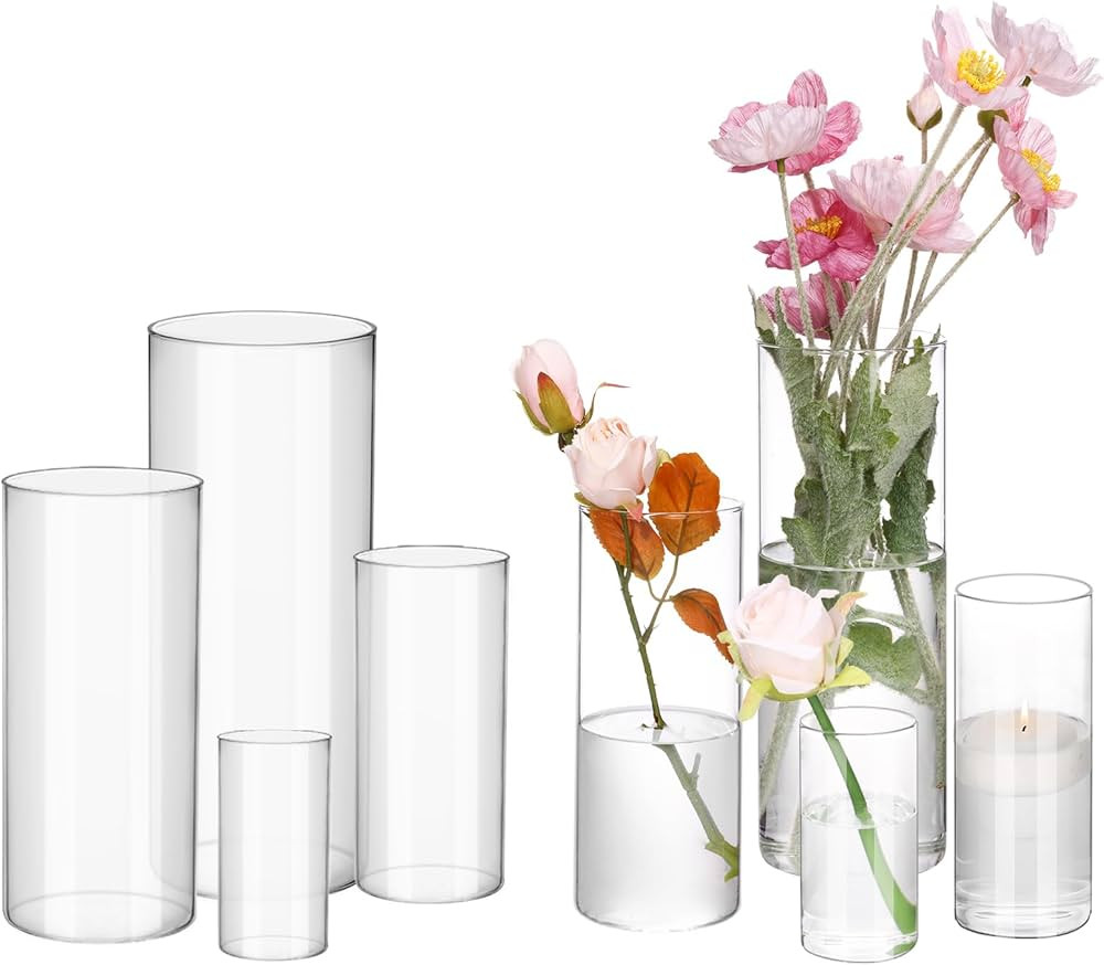 Fixwal 8pcs Clear Glass Cylinder Vases, 4, 6, 8, 10 Inch Tall Cylinder Vases for Centerpieces, Gl... | Amazon (US)