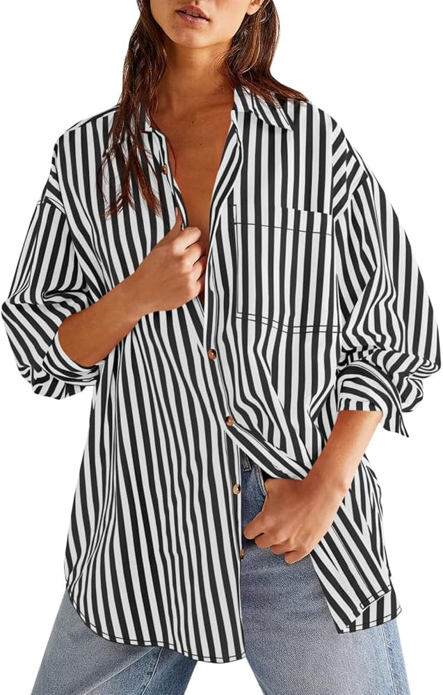 Cicy Bell Womens Oversized Striped Button Down Shirts Boyfriend Long Sleeve Collared Work Blouses | Amazon (US)