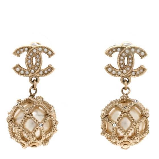 Crystal Pearl CC Ball Drop Earrings Gold White | FASHIONPHILE (US)