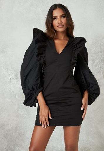 Black Ruffle Puff Sleeve Mini Dress | Missguided (US & CA)