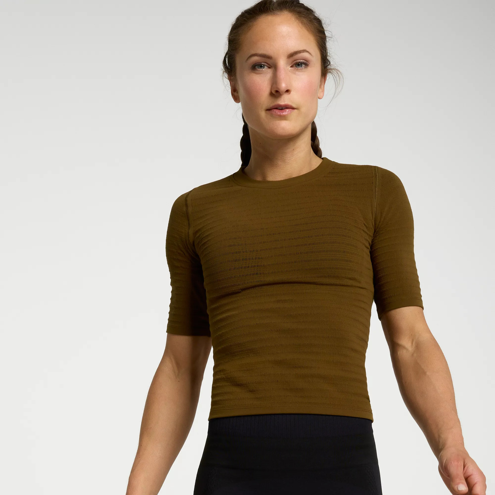 CALIA Women's Seamless Crop Elbow Tee, XS, Dark Khaki Olive | Going Going Gone