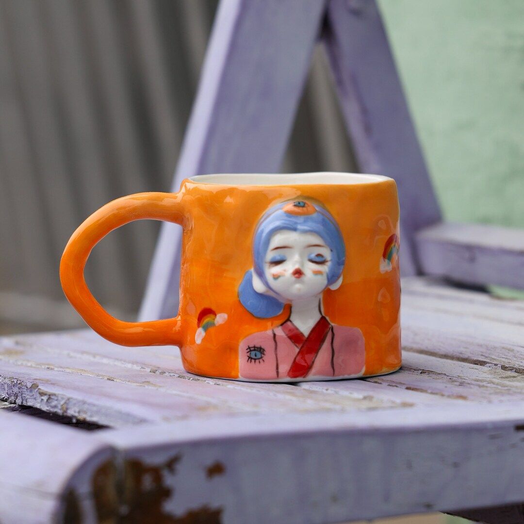 Handmade Ceramic Orange Mug. Hand Painted Chic Girls Coffee - Etsy | Etsy (US)