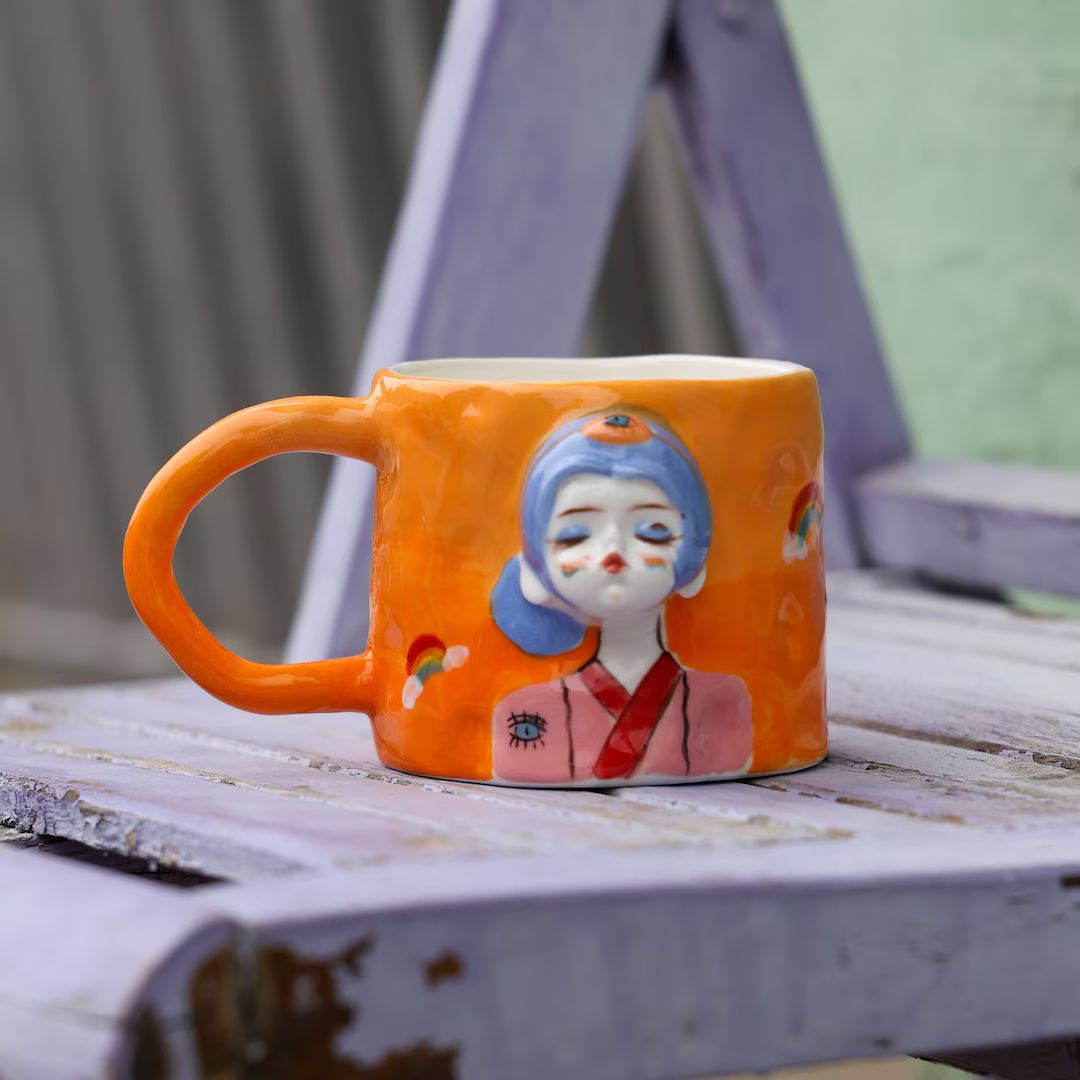 Handmade Ceramic Orange Mug. Hand Painted Chic Girls Coffee - Etsy | Etsy (US)