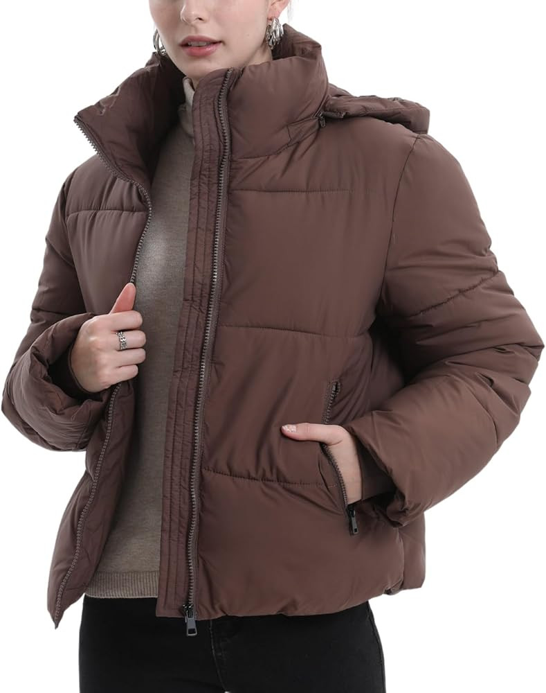 Women's Cropped Puffer Jackets,Warm Winter Jacket with Removable Hood,Zipped Pockets,Short Ladies... | Amazon (US)
