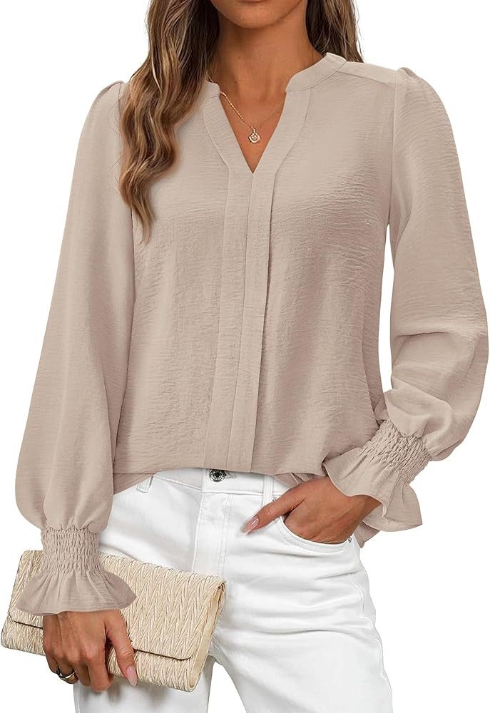 Okiwam Womens Long Sleeve Tops V Neck Shirts Dressy Casual Blouses Business Work Clothes 2025 Fal... | Amazon (US)