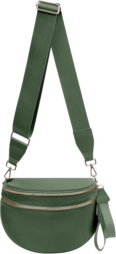 Nylon Crossbody Bags Bum Bag for Women Large Sling Bag Purse with Adjustable Strap（Bean green... | Amazon (US)