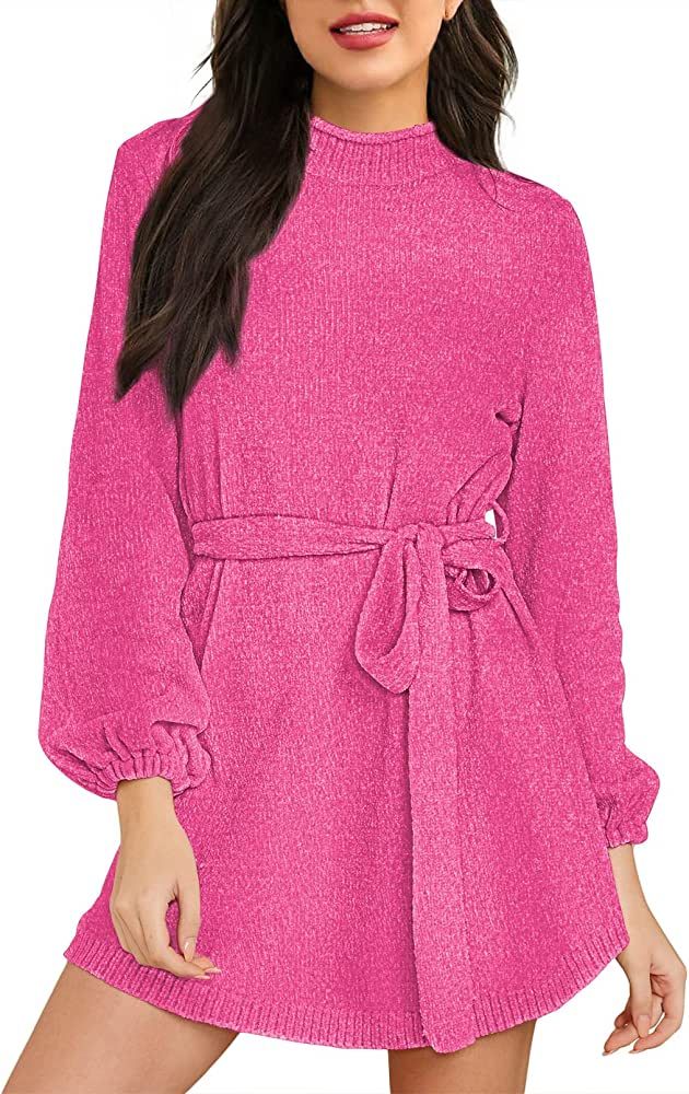 HAPCOPE Women's Chenille Sweater Dress Mock Neck Lantern Long Sleeve Dresses with Belt | Amazon (US)