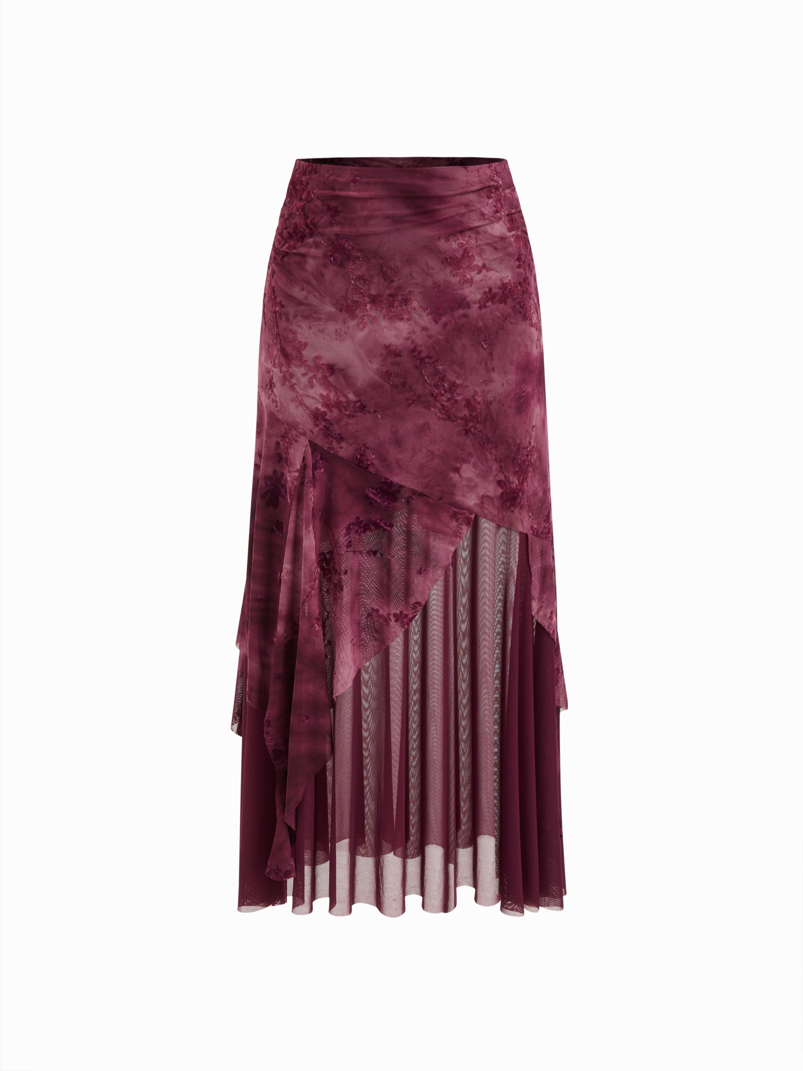 Valentine Mesh Mesh Mid Rise Floral Tie Dye Asymmetrical Hem Tulle Maxi Skirt For Daily Casual | Cider