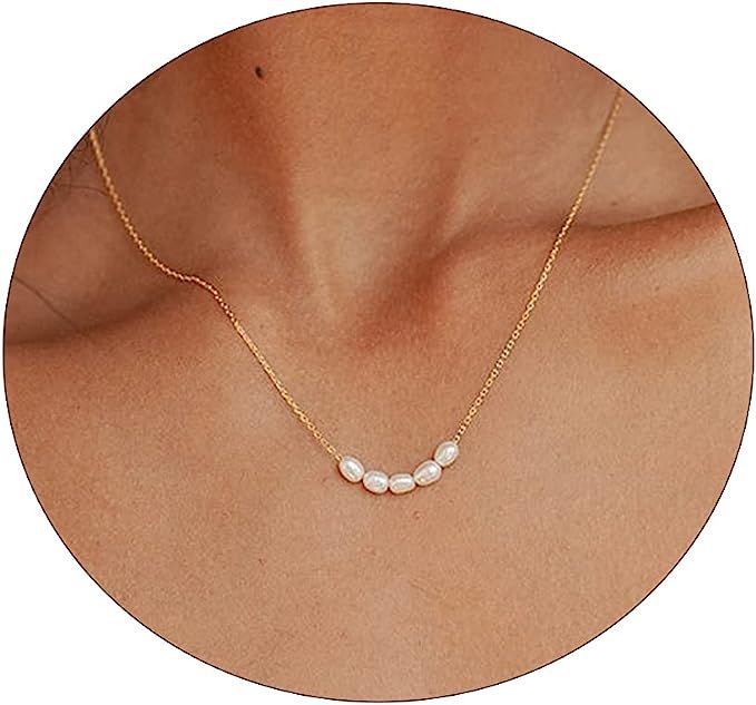 CAROVO Dainty Pearl Pendant Necklaces for Women 14k Gold Plated Barque Pearl Chain Necklace Delic... | Amazon (US)