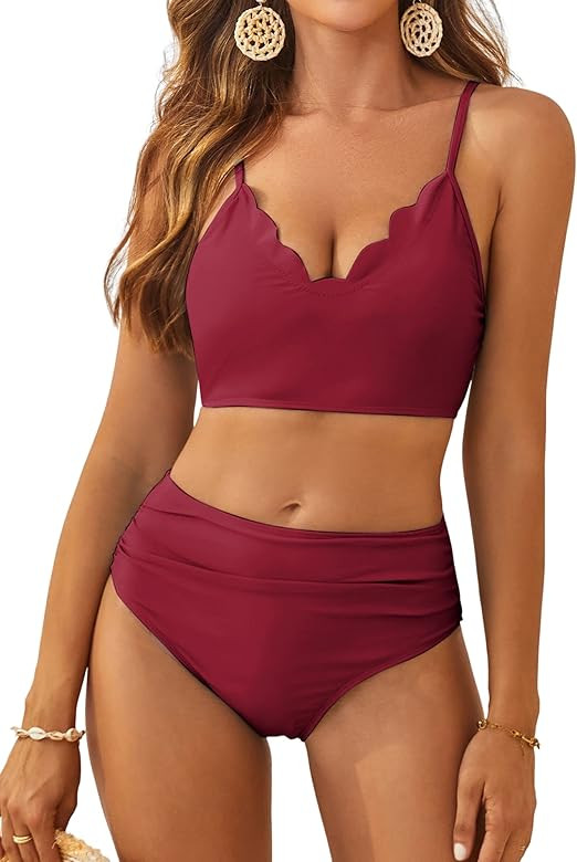 ZAFUL High Waisted Swimsuits for Women Scalloped Bikini Sets Back Lace-Up Tankini Sets Tummy Cont... | Amazon (US)