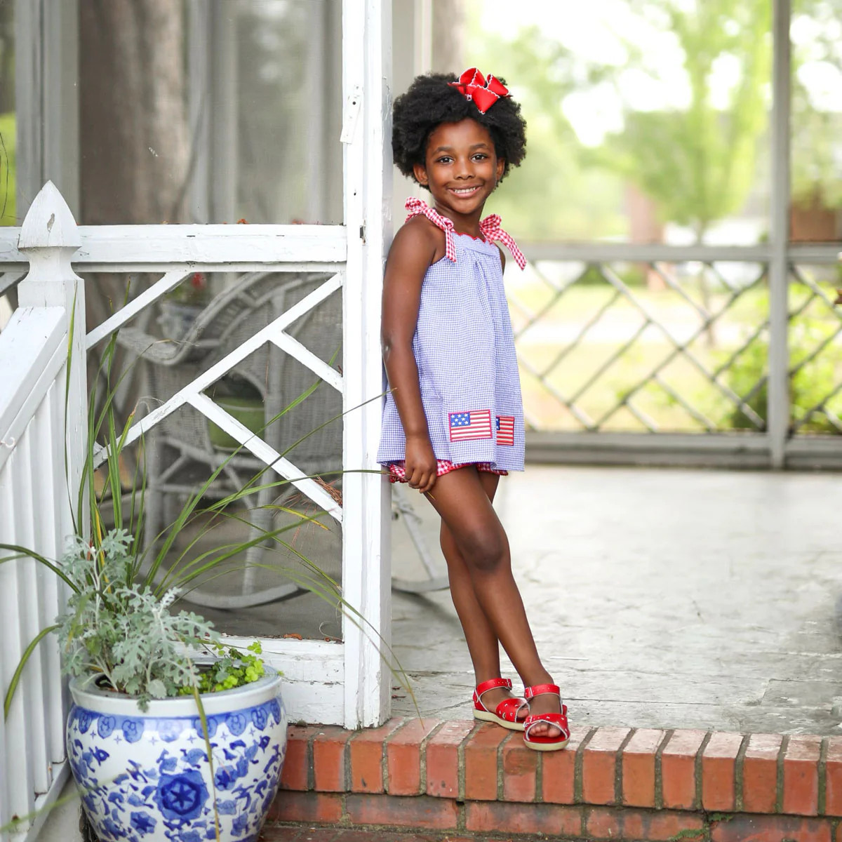 American Flag Embroidered Blue Gingham Tie Strap Short Set | Classic Whimsy