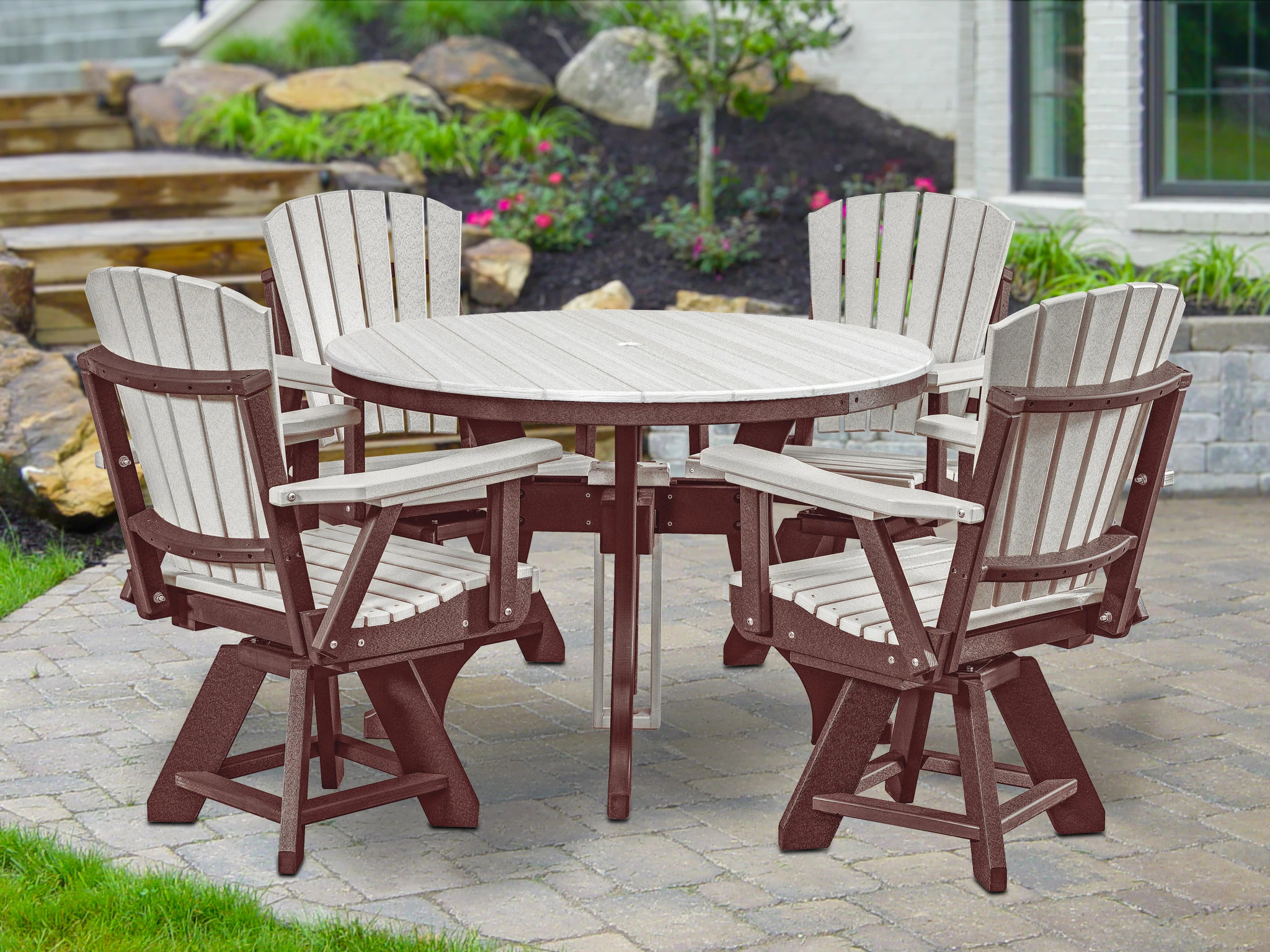 American Furniture Classics Adirondack 5 -Piece Tudor Brown Patio Dining Set HDPE Round Table with 4 Swivel Chairs one_size | DR130BITB-K | Lowe's