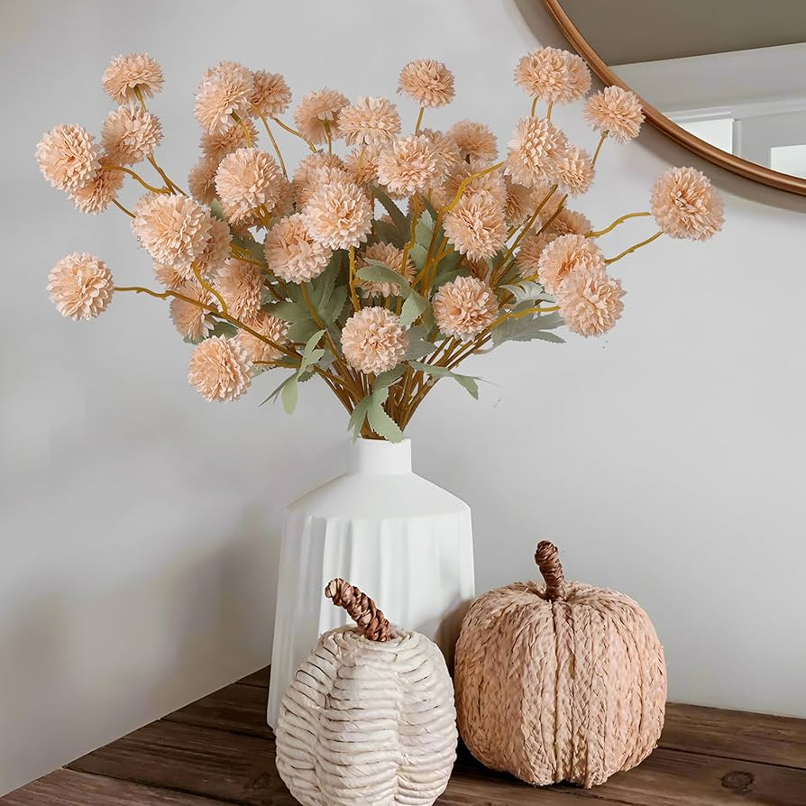 Hananona 12 Pcs Artificial Chrysanthemum Flowers, Beige Kiku Pom Pom Mums Flower Fall Faux Floral... | Amazon (US)
