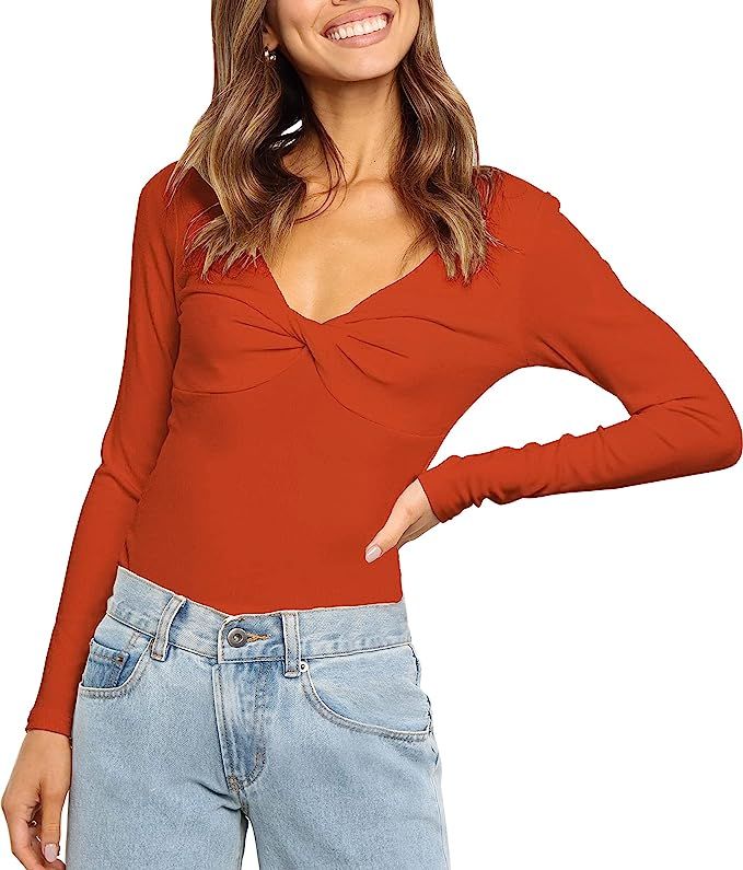 Amazon.com: LETSRUNWILD Women's Fall Plain T-Shirt Knot Twist Front V Neck Long Sleeve Blouse Sol... | Amazon (US)