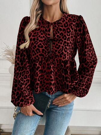 SHEIN Frenchy Damesblouse met luipaardprint en gegolfde stropdas aan de voorkant met lange mouwen | SHEIN