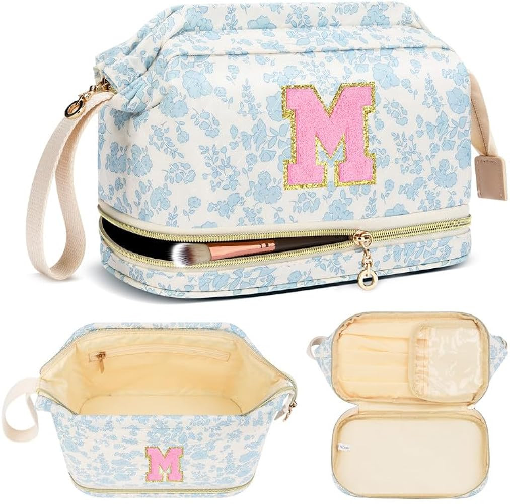 Personalized Initial Makeup Bag,Flowers Quilted Makeup bag Christmas Gifts for Girls,Double Layer... | Amazon (US)